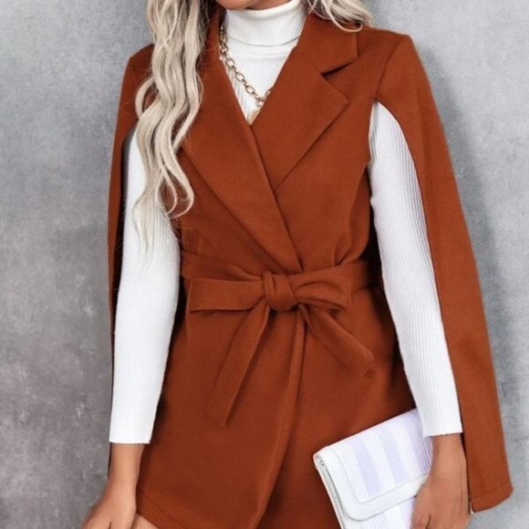 Overcoat Cloak Sleeve Lapel Collar Belted Cape Jacket caramel - Picture 5 of 6